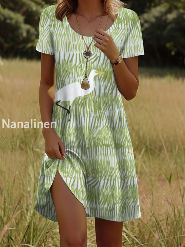 Women`s Vintage Boho Bird Print Cotton Casual Midi Dress Colorful / S