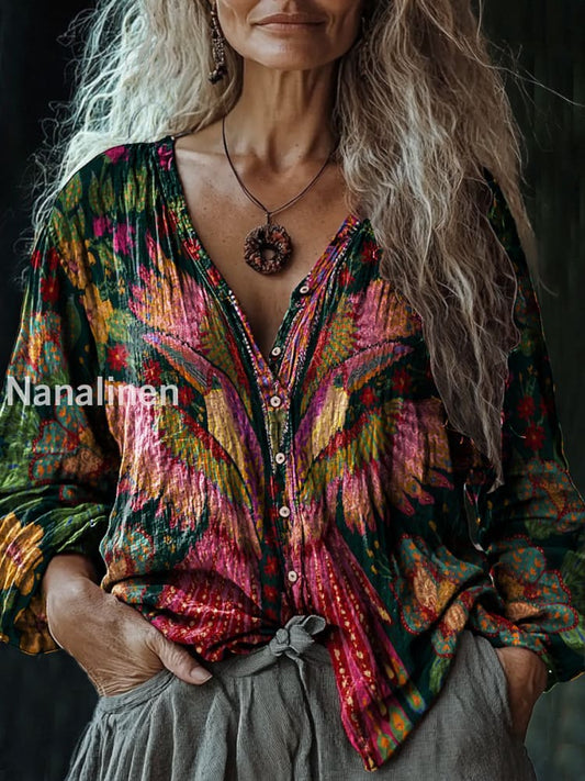 Women’s Vintage Boho Birds Art Print V-Neck Casual Cotton And Linen Shirt Colorful / S