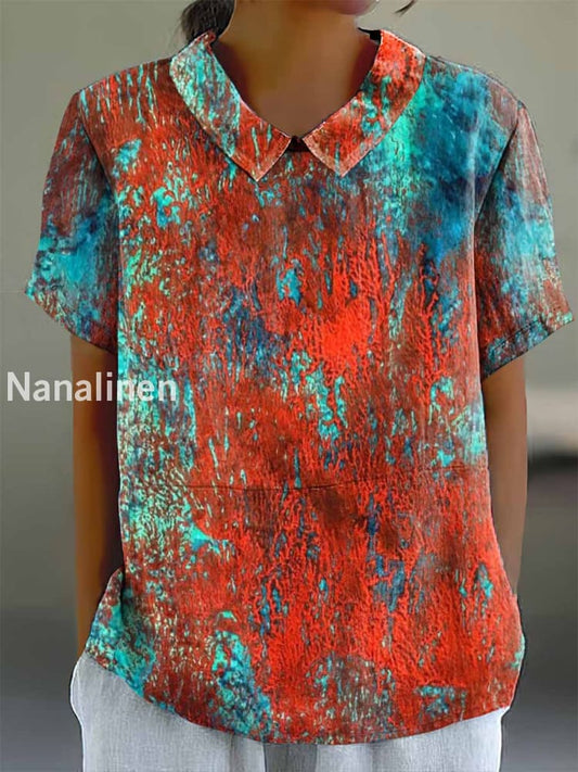 Women’s Vintage Boho Color Art Print Cotton Casual Short Sleeve Shirt Colorful / S