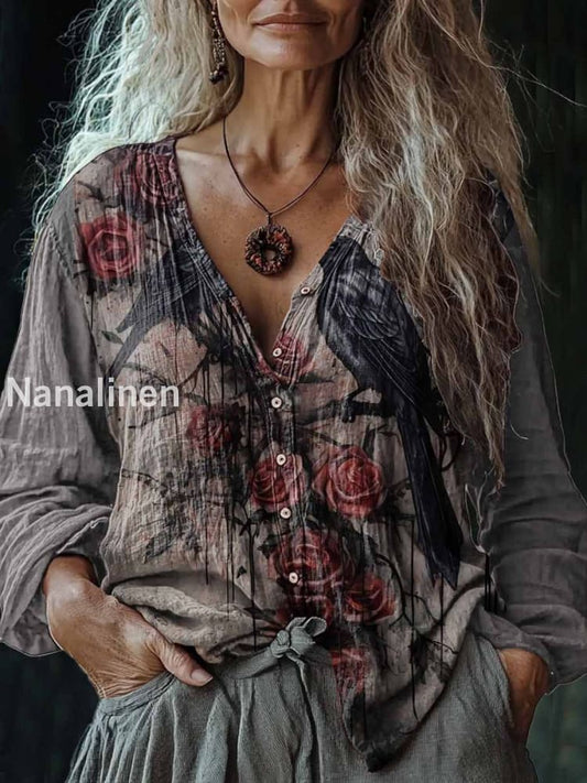 Women’s Vintage Boho Crow Art Print V-Neck Casual Cotton And Linen Shirt Colorful / S