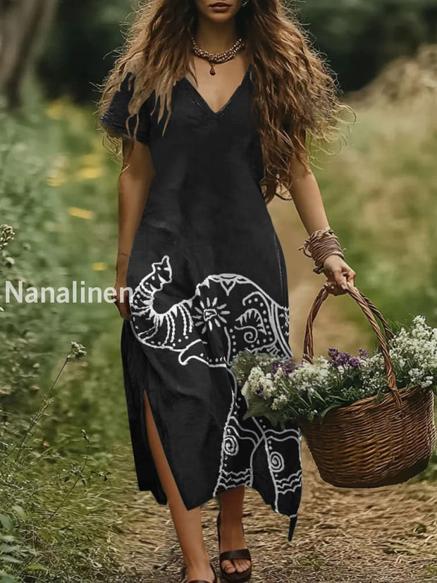 Women`s Vintage Boho Elephent Print Cotton Casual V-neck Dress Colorful / S
