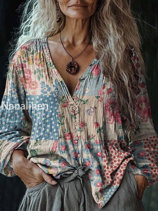 Women’s Vintage Boho Floral Art Print V-Neck Casual Cotton And Linen Shirt Colorful / S