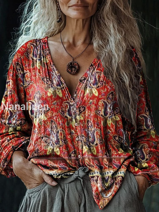 Women’s Vintage Boho Floral Art Print V-Neck Casual Cotton And Linen Shirt Red / S
