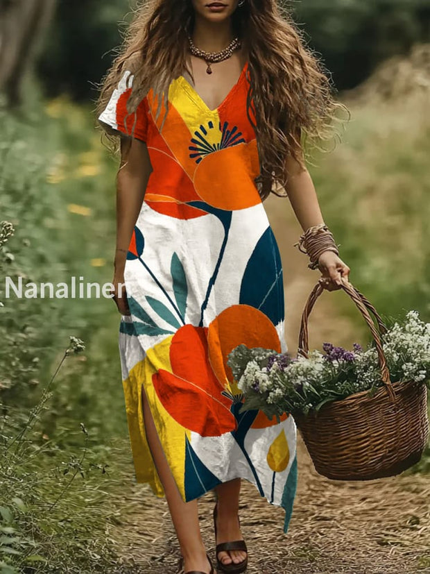 Women`s Vintage Boho Floral Print Cotton Casual V-neck Dress Colorful / S
