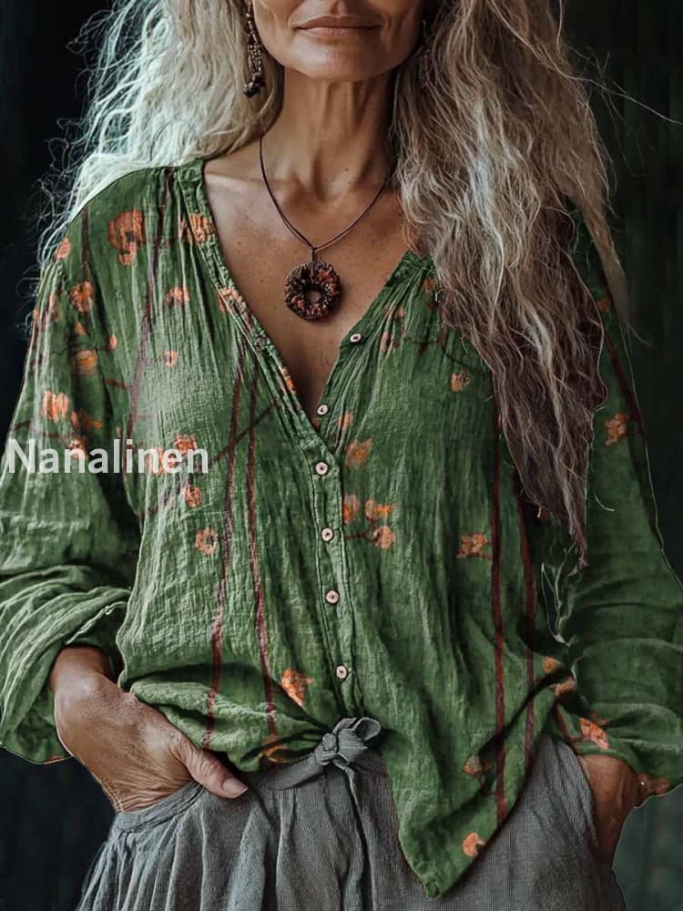 Women’s Vintage Boho Floral Print V-Neck Casual Cotton And Linen Shirt Green / S