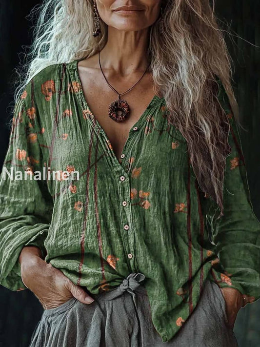Women’s Vintage Boho Floral Print V-Neck Casual Cotton And Linen Shirt Green / S
