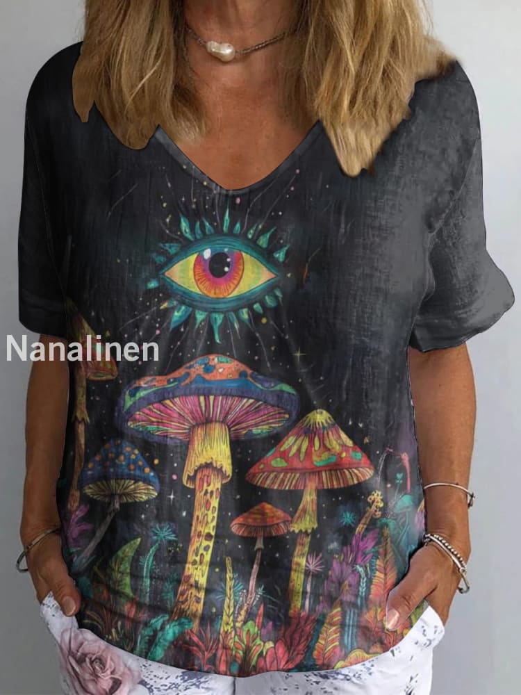 Women’s Vintage Boho Mushrooms Print Cotton Linen V-Neck T-Shirt Colorful / S