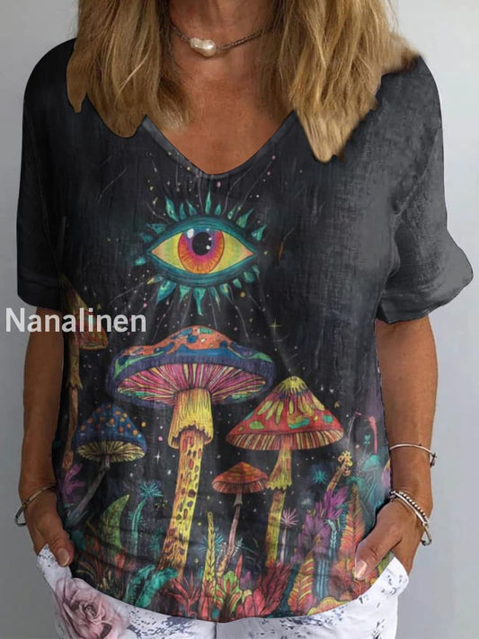 Women’s Vintage Boho Mushrooms Print Cotton Linen V-Neck T-Shirt Colorful / S
