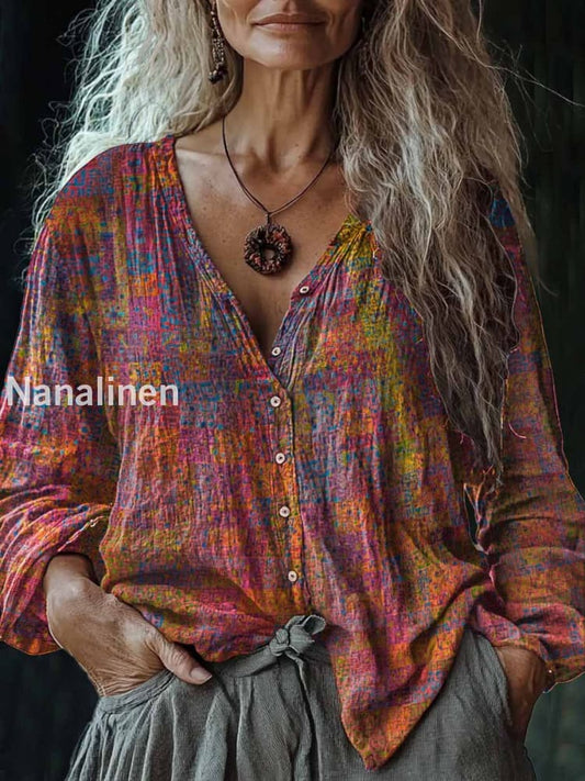 Women’s Vintage Boho Print V-Neck Casual Cotton And Linen Shirt Colorful / S