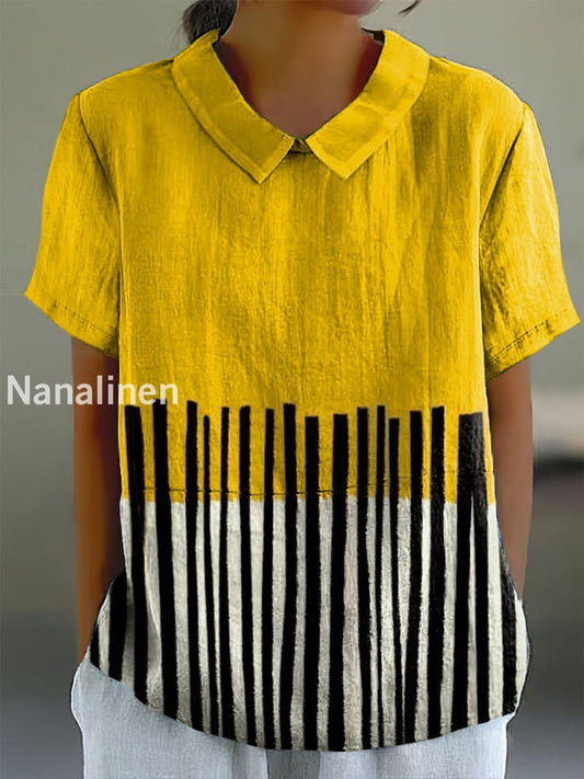 Women’s Vintage Boho Style Print Doll Collar Cotton Casual Shirt Colorful / S