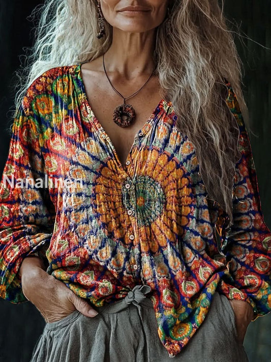 Women’s Vintage Boho Tie-Dye Art Print V-Neck Casual Cotton And Linen Shirt Colorful / S