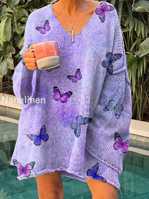 Women’s Vintage Butterfly Art Print V-Neck Casual Pullover Sweater Purple / S