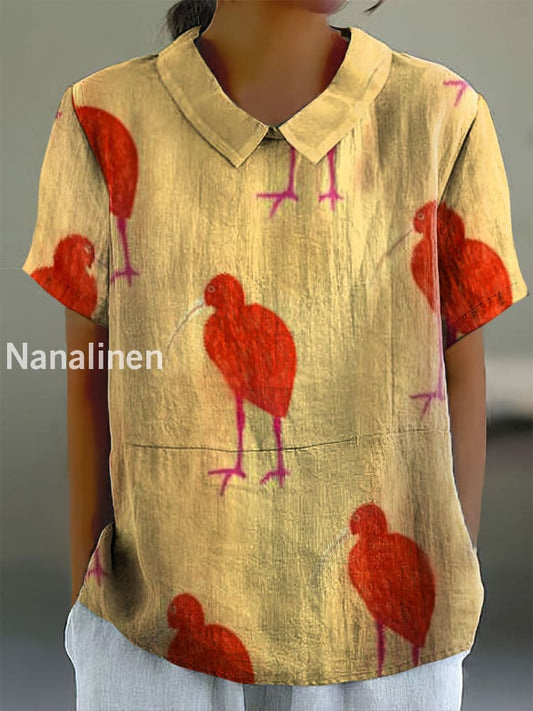 Women’s Vintage Cartoon Quail Print Doll Collar Cotton Casual Shirt Colorful / S