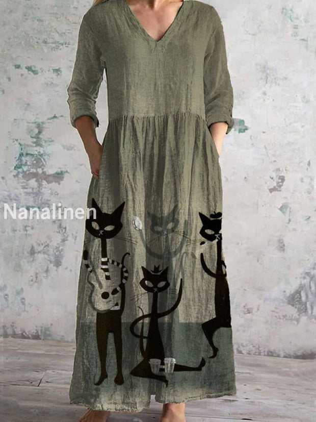 Women’s Vintage Cat Print Chic V-Neck Bohemian Elegant Midi A / S