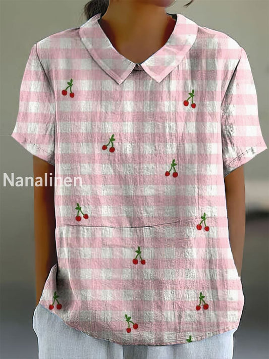 Women’s Vintage Cherry Print Doll Collar Cotton Casual Shirt Colorful / S