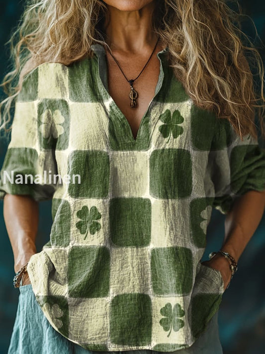 Women’s Vintage Clover Floral Art Print V-Neck Casual Cotton and Linen Shirt Top A / S