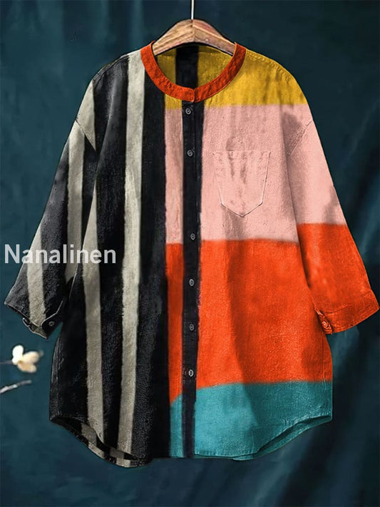 Women’s Vintage Color Block Art Print Casual Cotton Linen Round Neck Top Colorful / S