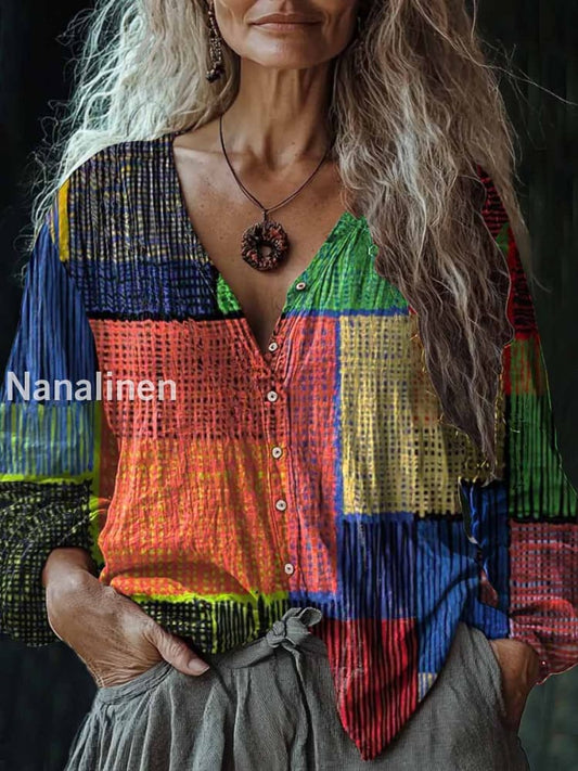 Women’s Vintage Color Block Art Print V-Neck Casual Cotton And Linen Shir Colorful / S