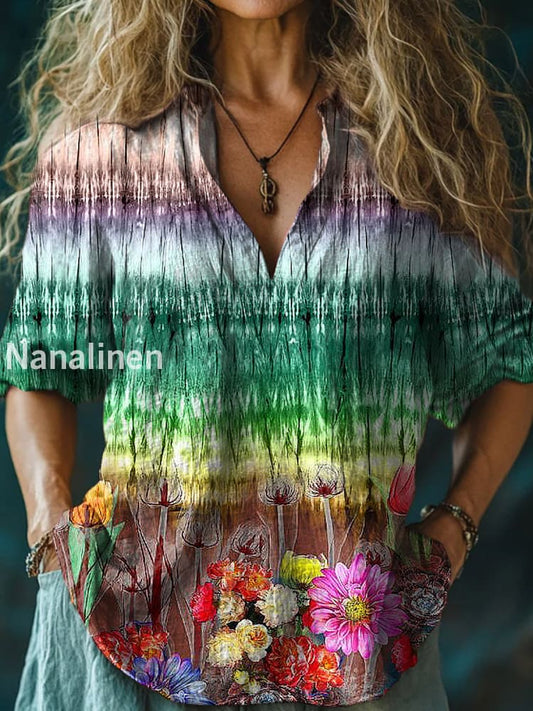 Women’s Vintage Colorful Floral Print Casual Long Sleeve Comfortable Cotton Shirt Colorful / S