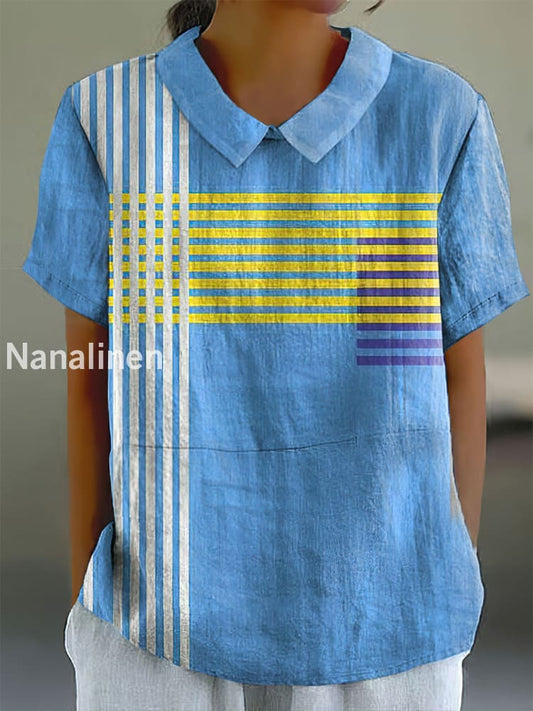 Women’s Vintage Contrast Color Strips Print Doll Collar Cotton Casual Shirt Colorful / S