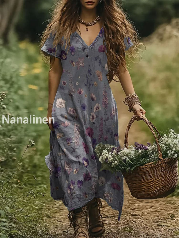 Women’s Vintage Daisy Floral Art Print Causal Cotton Dresses Colorful / S