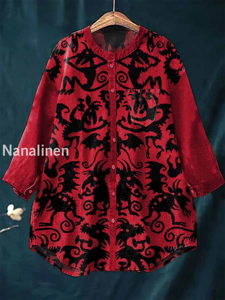 Women’s Vintage Demon Art Print Casual Cotton Linen Round Neck Top Colorful / S