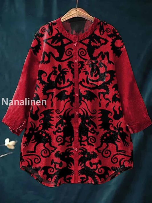 Women’s Vintage Demon Art Print Casual Cotton Linen Round Neck Top Colorful / S