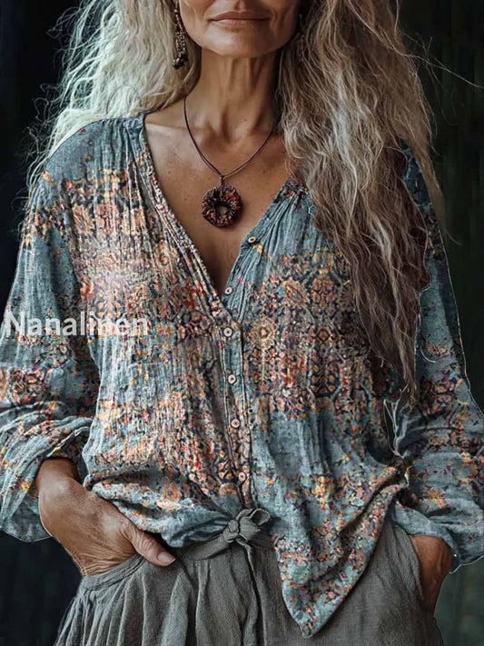 Women’s Vintage Denim-color Art Print V-Neck Casual Cotton And Linen Shirt Colorful / S