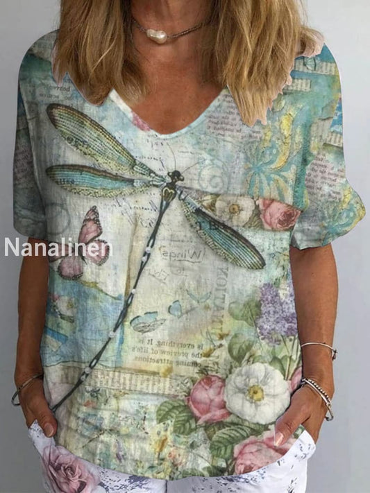 Women’s Vintage Drgonfly Print Boho Cotton Linen V-Neck T-Shirt Colorful / S