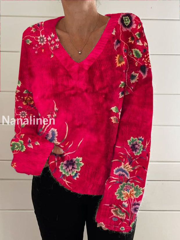 Women’s Vintage Elegant Art Floral Print Chic V Neck Long Sleeve Sweater A / S