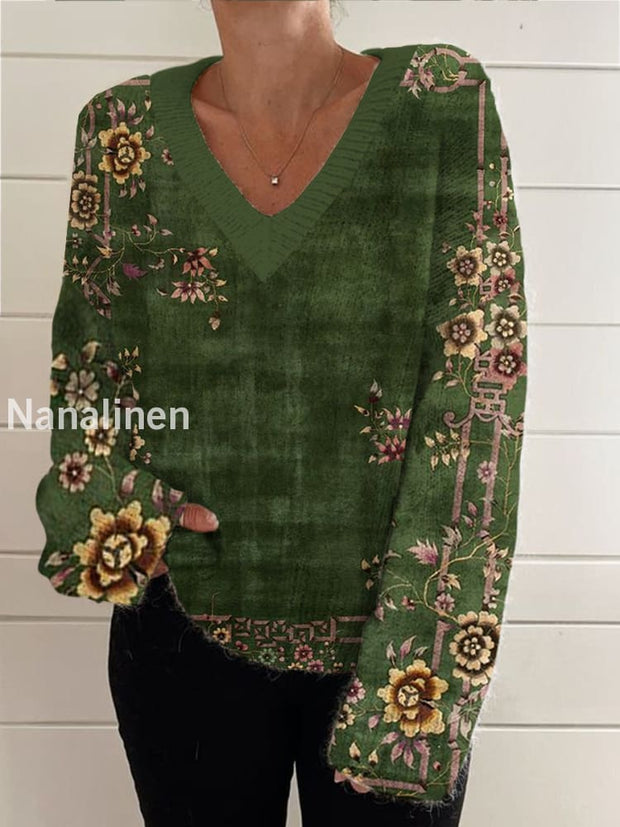 Women’s Vintage Elegant Art Floral Print Chic V Neck Long Sleeve Sweater A / S