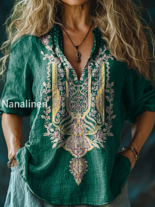 Women’s Vintage Ethnic Floral Print Casual Long Sleeve Comfortable Cotton Shirt Dark Green / S