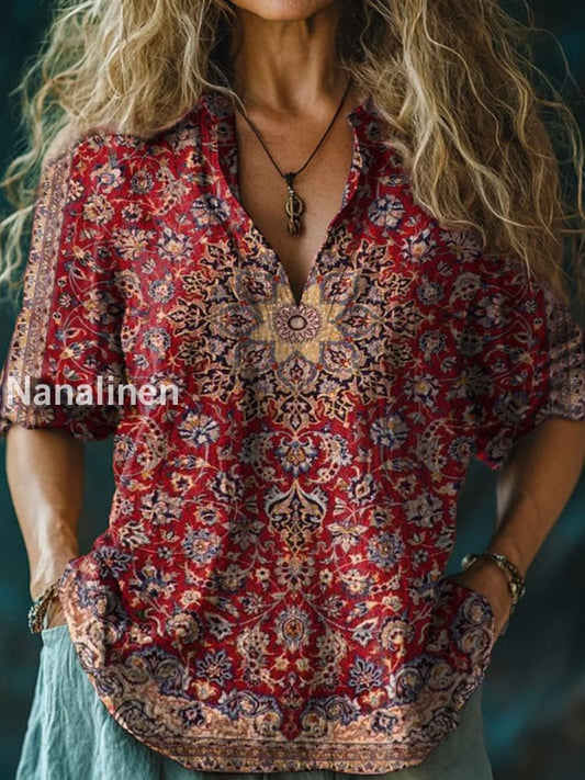 Women’s Vintage Ethnic Floral Print Casual Long Sleeve Comfortable Cotton Shirt Deep Wine / S