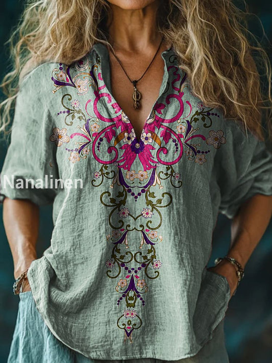 Women’s Vintage Ethnic Floral Print Casual Long Sleeve Comfortable Cotton Shirt Light Green / S