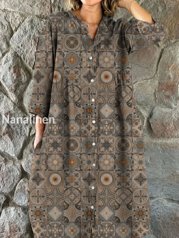 Women’s Vintage Ethnic Geometric Art Print Pocket Temperament Midi Dress A / S