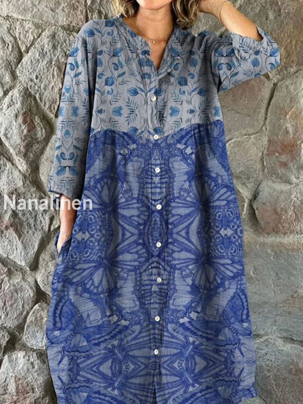 Women’s Vintage Ethnic Geometric Art Print Pocket Temperament Midi Dress A / S