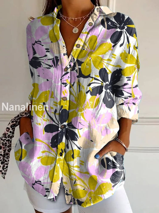 Women’s Vintage Fashion Floral Art Print Casual Shirt Colorful / S