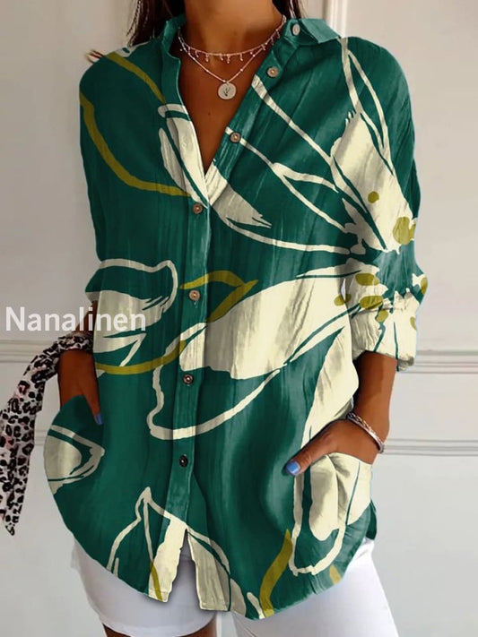 Women’s Vintage Fashion Floral Art Print Casual Shirt Green / S