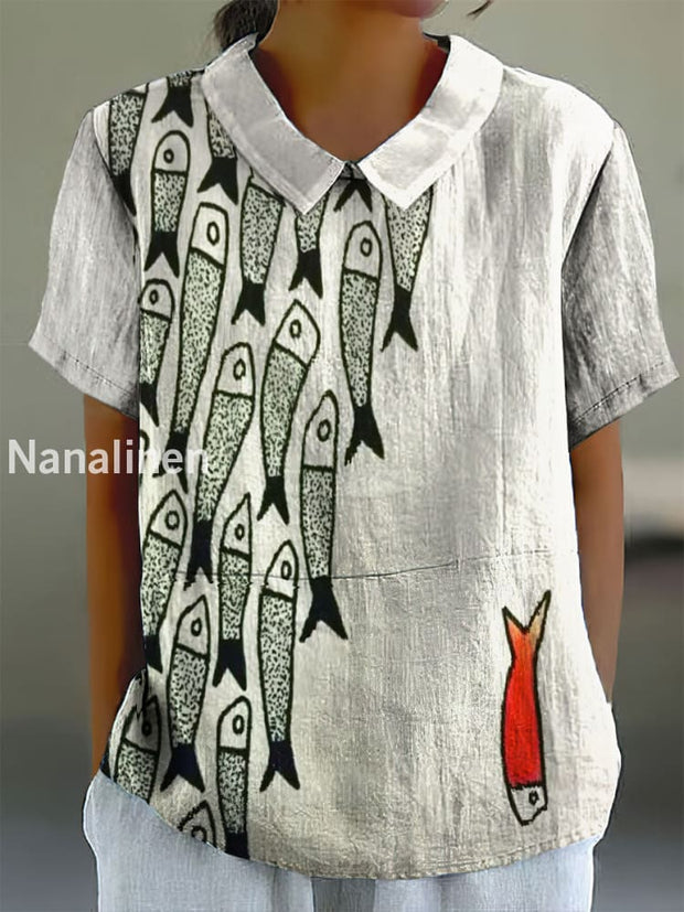 Women’s Vintage Fish Print Doll Collar Cotton Casual Shirt Colorful / S