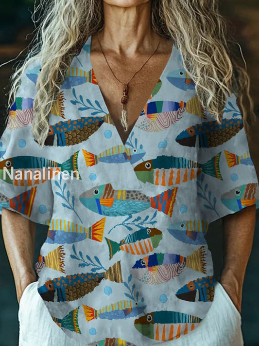 Women’s Vintage Fishes Art Print V-Neck Casual Cotton And Linen Top Colorful / S
