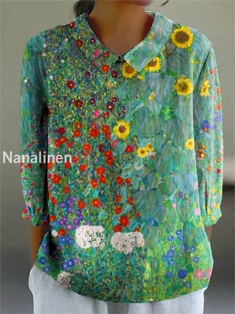Women’s Vintage Floral Art Print Casual Cotton and Linen Top A / S
