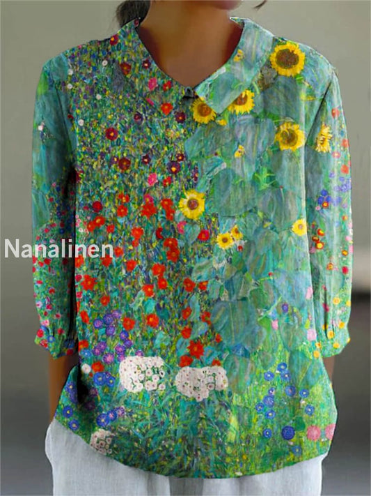 Women’s Vintage Floral Art Print Casual Cotton and Linen Top A / S