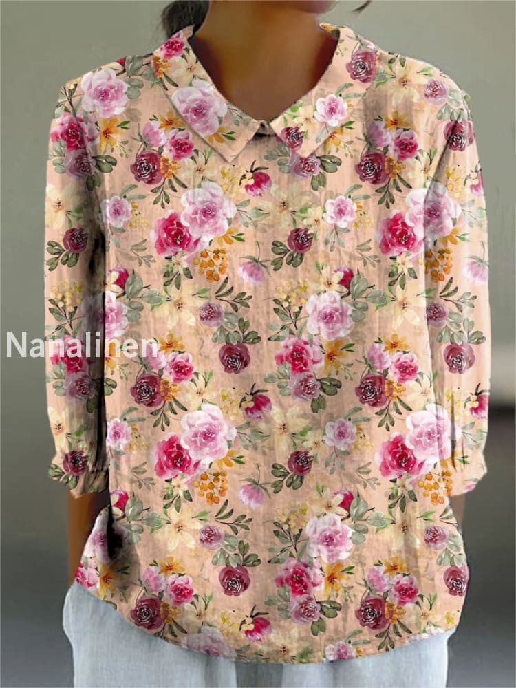 Women’s Vintage Floral Art Print Casual Cotton and Linen Top A / S