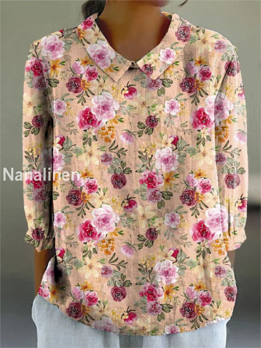 Women’s Vintage Floral Art Print Casual Cotton and Linen Top A / S