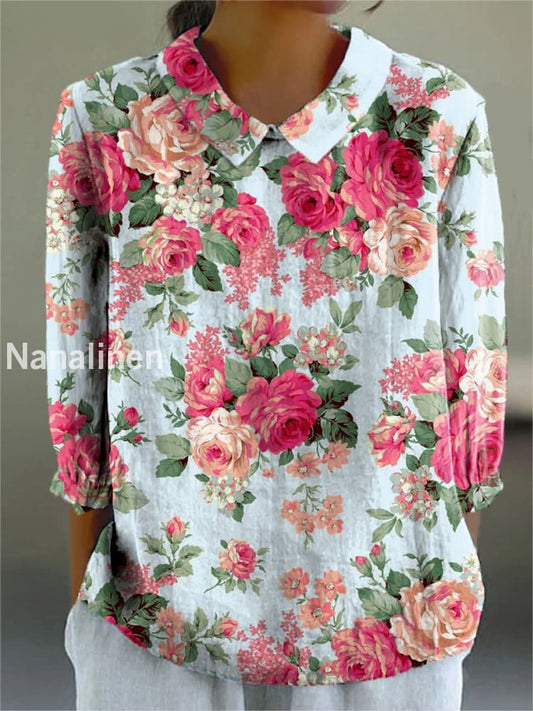 Women’s Vintage Floral Art Print Casual Cotton and Linen Top A / S