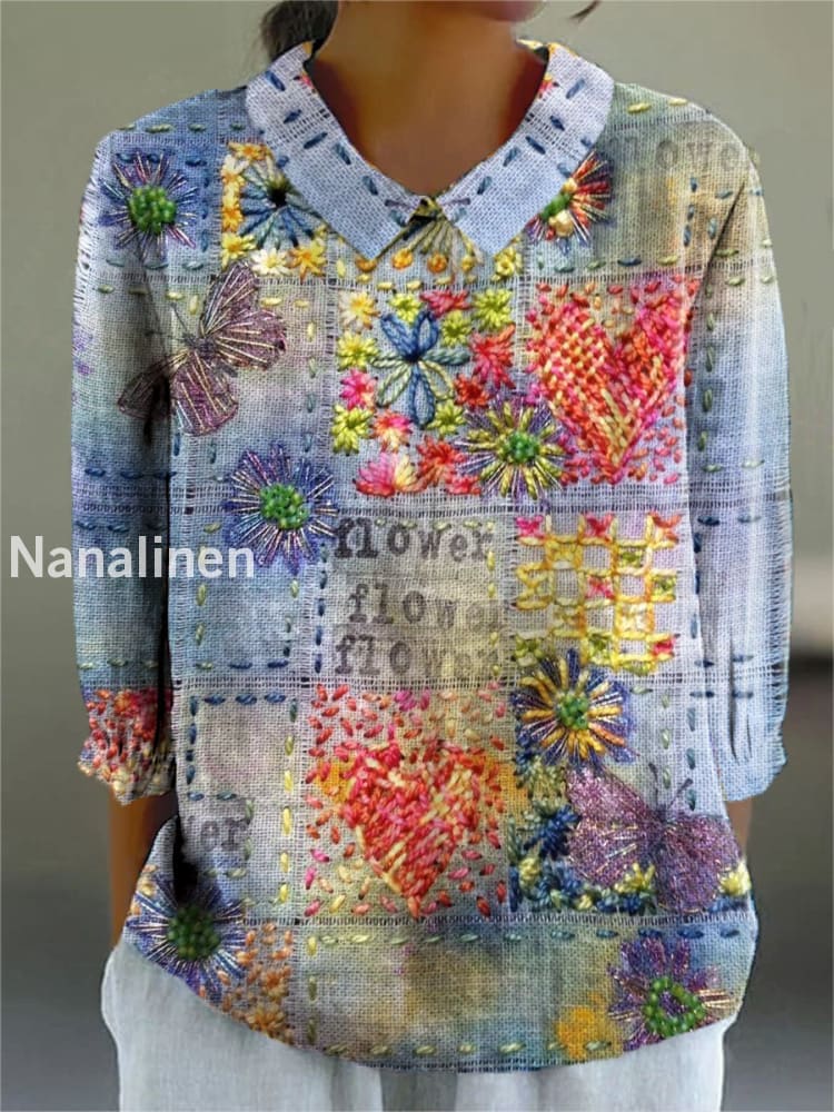 Women’s Vintage Floral Art Print Casual Cotton and Linen Top A / S