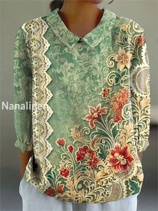 Women’s Vintage Floral Art Print Casual Cotton and Linen Top A / S