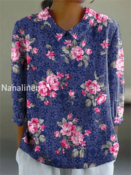 Women’s Vintage Floral Art Print Casual Cotton and Linen Top A / S