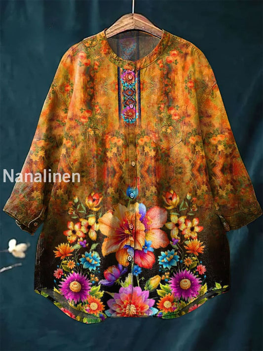 Women’s Vintage Floral Art Print Casual Cotton Linen Round Neck Top Colorful / S