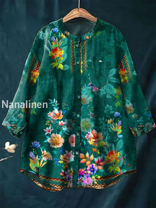 Women’s Vintage Floral Art Print Casual Cotton Linen Round Neck Top Colorful / S